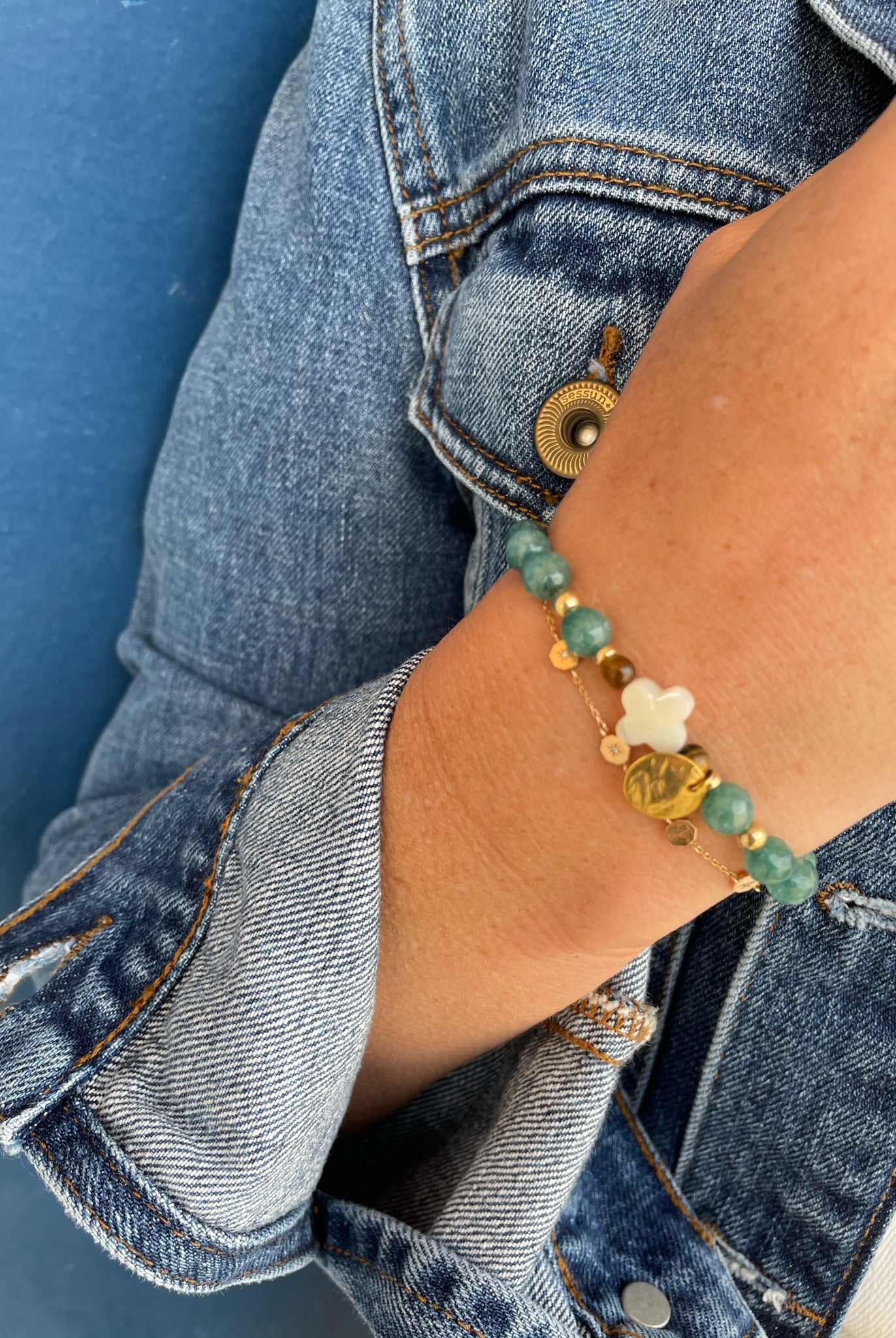 Amalfi - perles rondes aventurine + trefle nacre