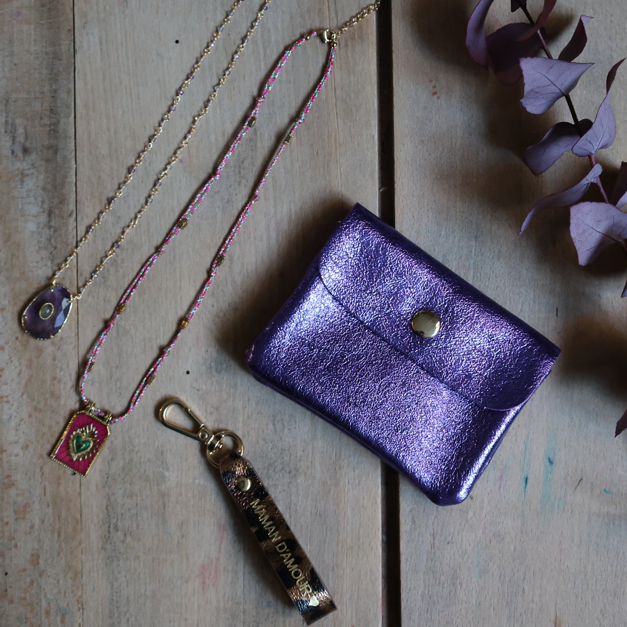 Porte Monnaie en cuir violet