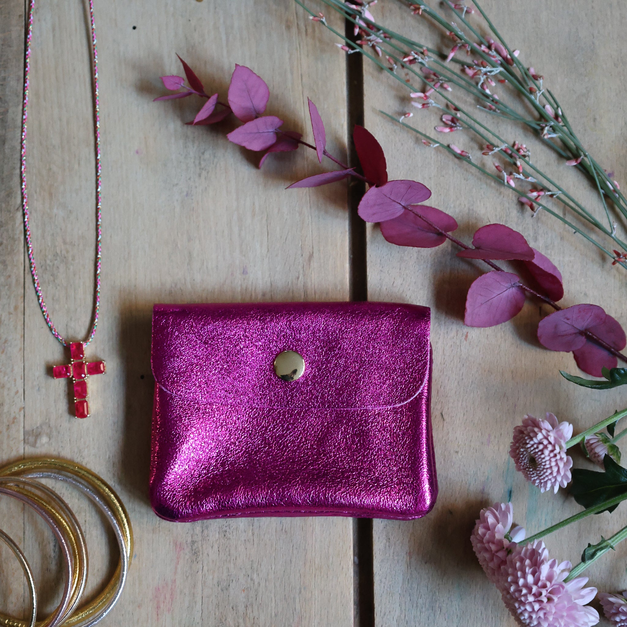 porte monnaie cuir rose vif